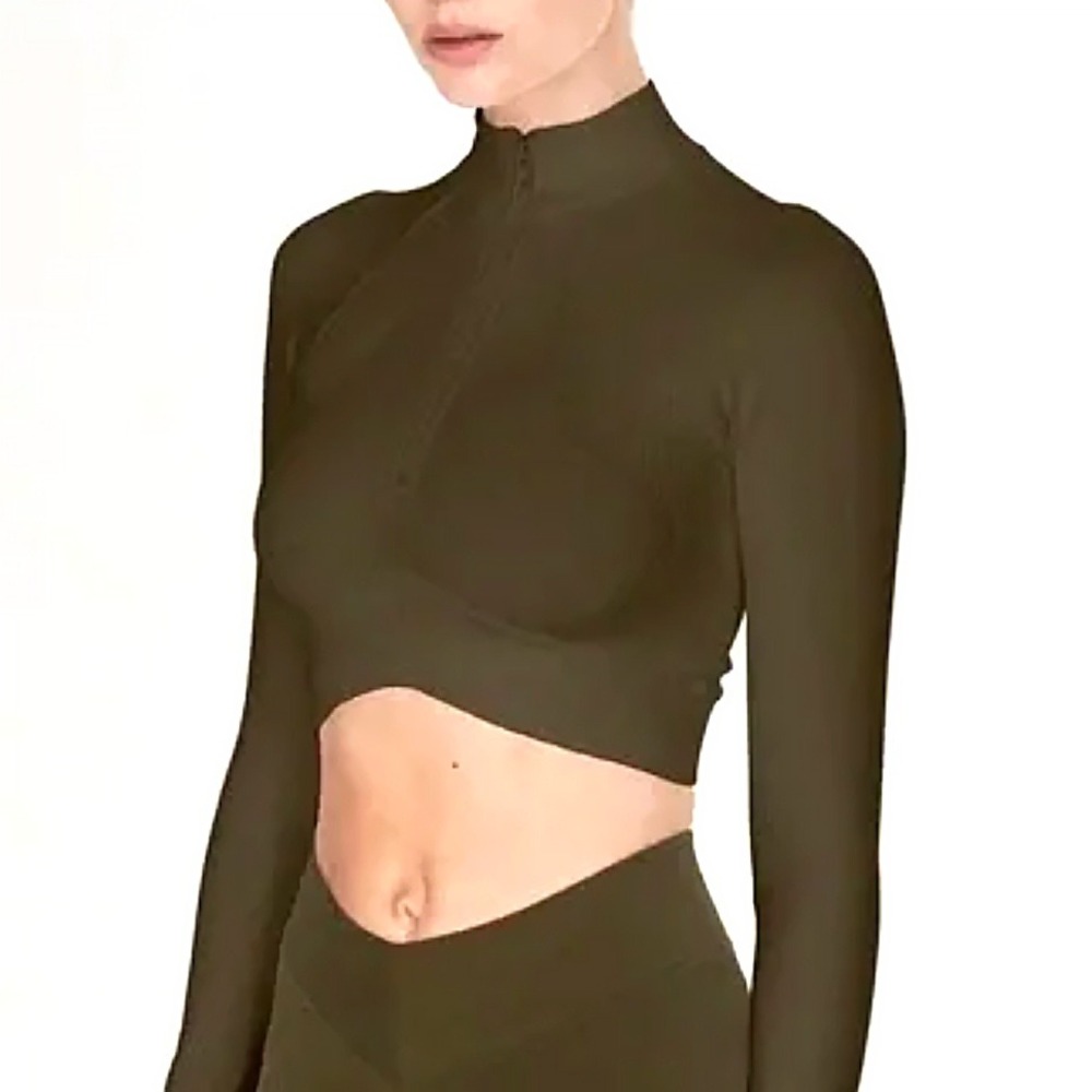 Joja Long Sleeve Athletic Crop Top Medium Half Zip Pullover Exhale Army Green